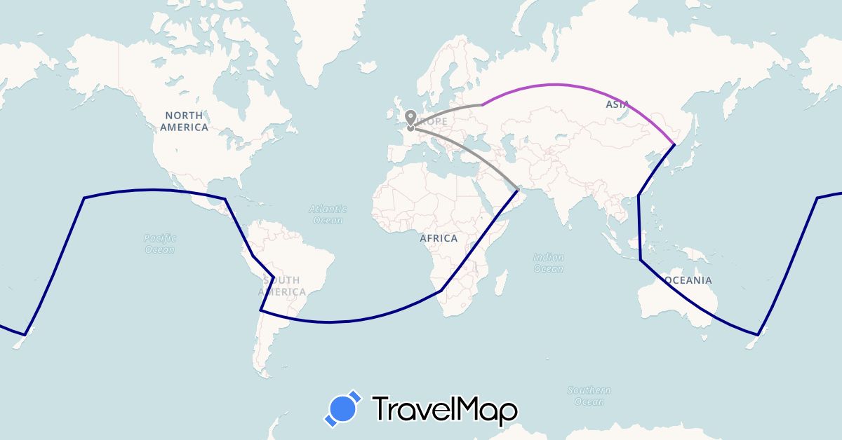 TravelMap itinerary: driving, plane, train in United Arab Emirates, Bolivia, Chile, China, France, Indonesia, Mexico, Namibia, New Zealand, Peru, Russia, United States (Africa, Asia, Europe, North America, Oceania, South America)
